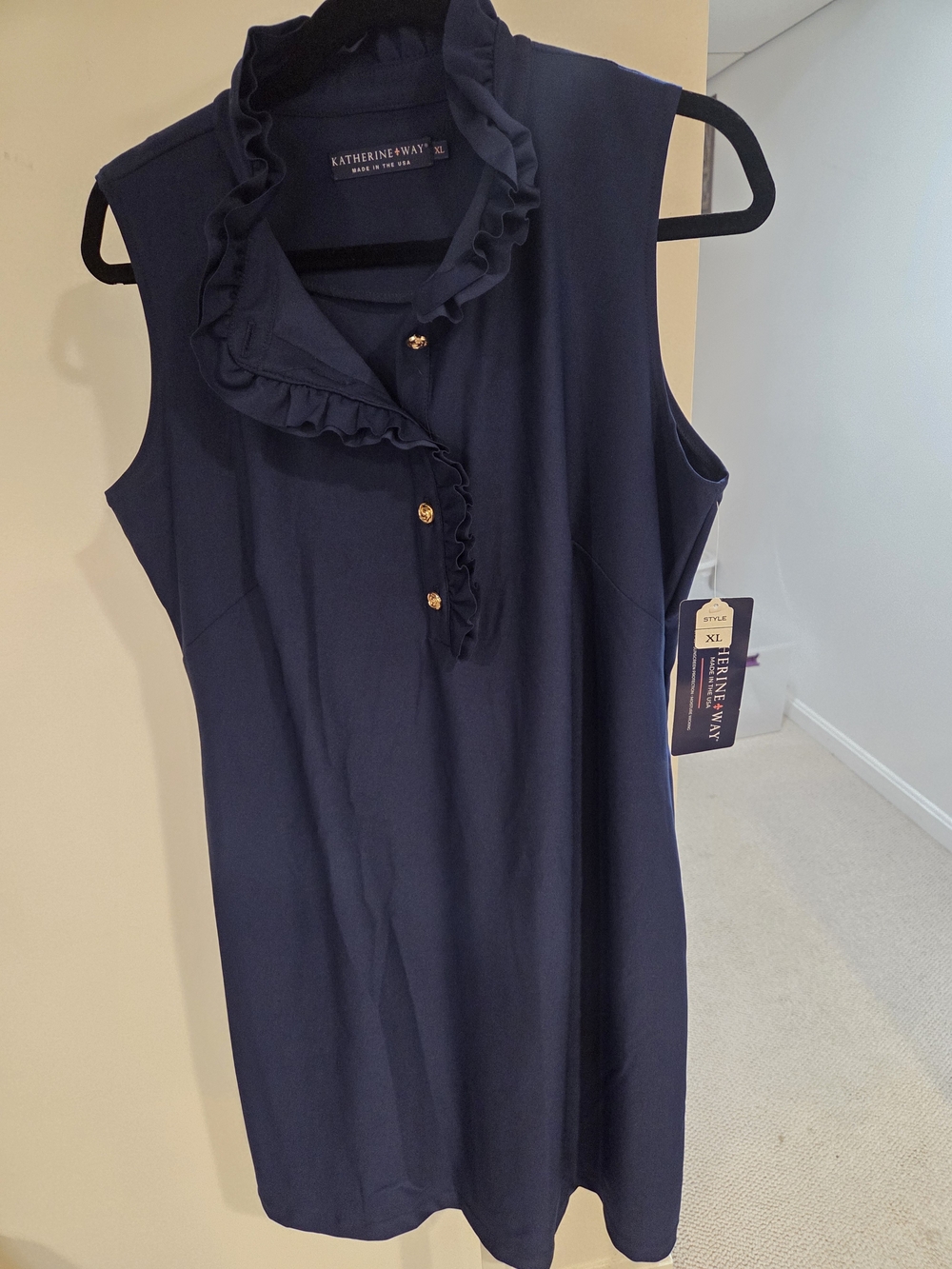 Katherine Way Navy Sleeveless Ruffle-Front Dress with Gold Buttons